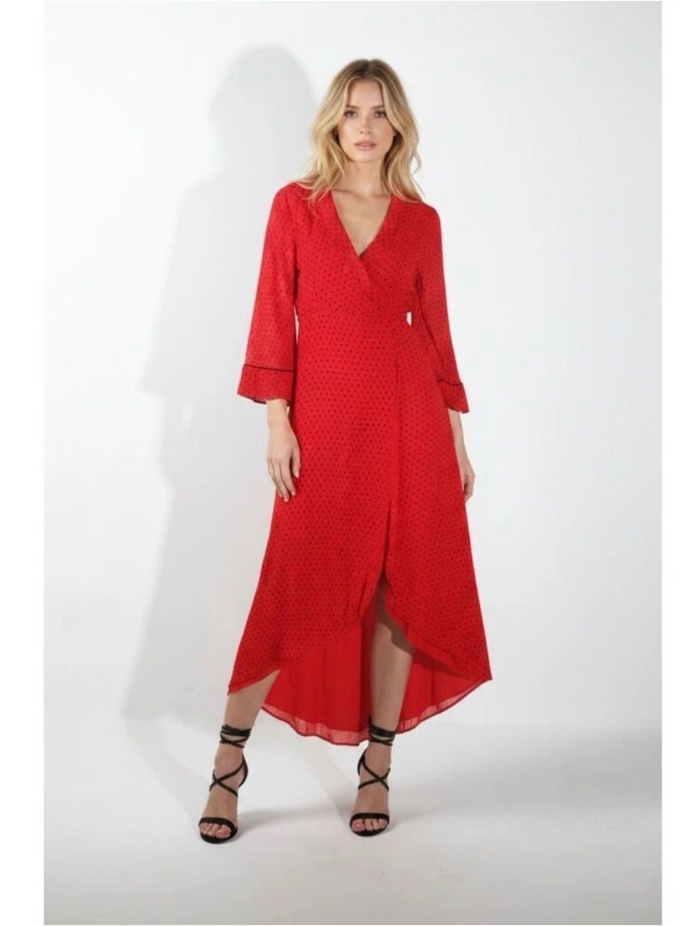 GANNI Mullin Georgette Wrap Dress Size 36 US 4 Fiery Red Polka Dot NWT Feminine